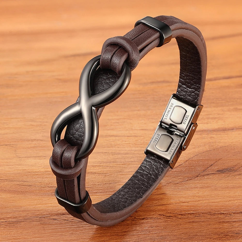 A brown leather infinity bracelet elegantly crafted, symbolizing endless love and connection.