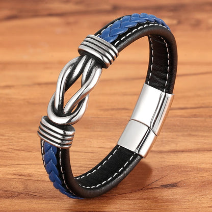 Stylish blue leather bracelet with a silver clasp, adorned with an infinity knot for a modern and chic appearance.