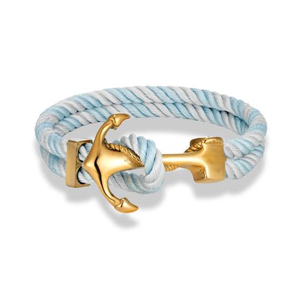 An anchor bracelet crafted from intertwined blue and white rope, showcasing a nautical-inspired design.