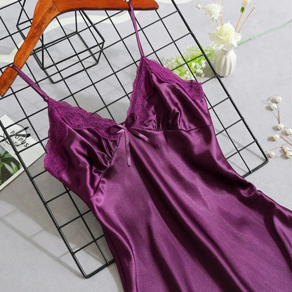 Satin Nightgown Sexy Sleepwear Lace Summer Nightdress for Women