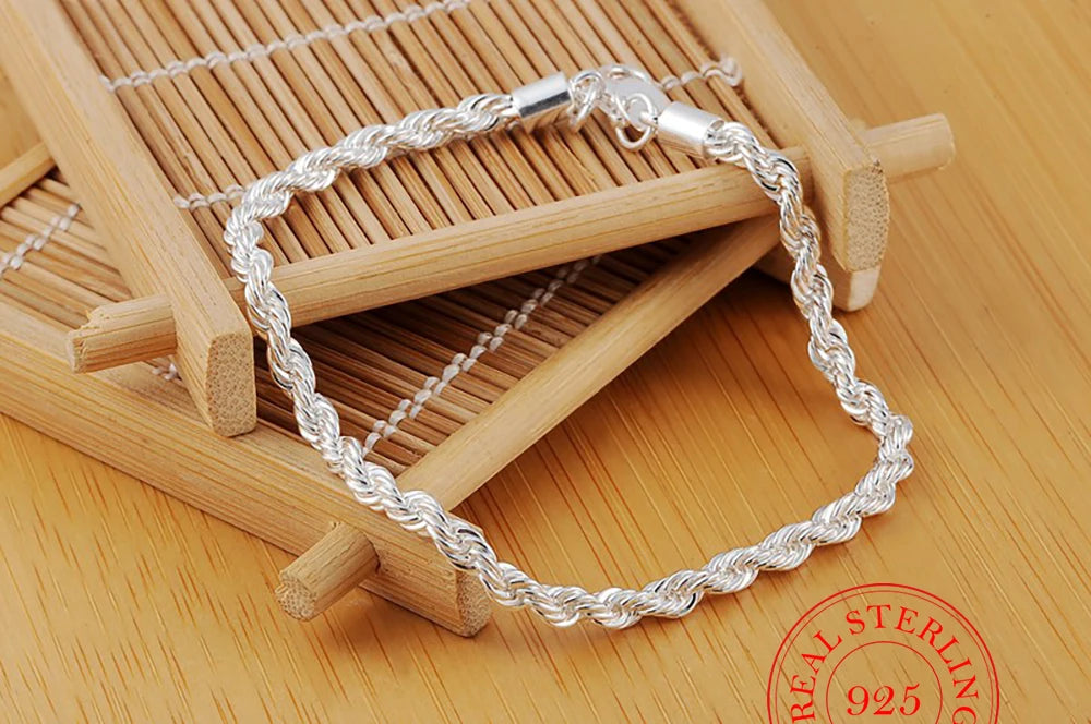 925 Sterling Silver 4mm Twist Rope Chain Bracelet for Men & Women