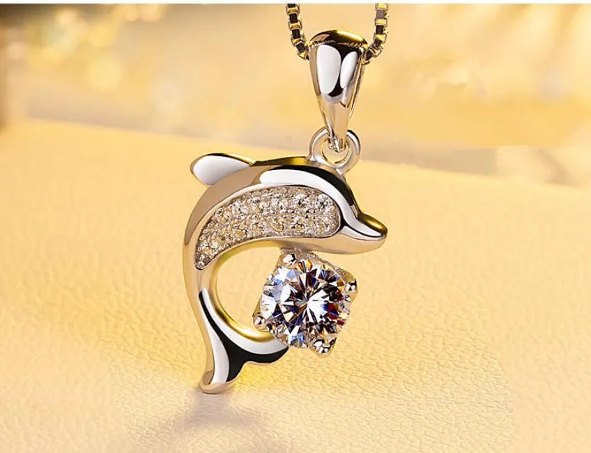 925 Sterling Silver Dolphin Charm Necklace with Crystal