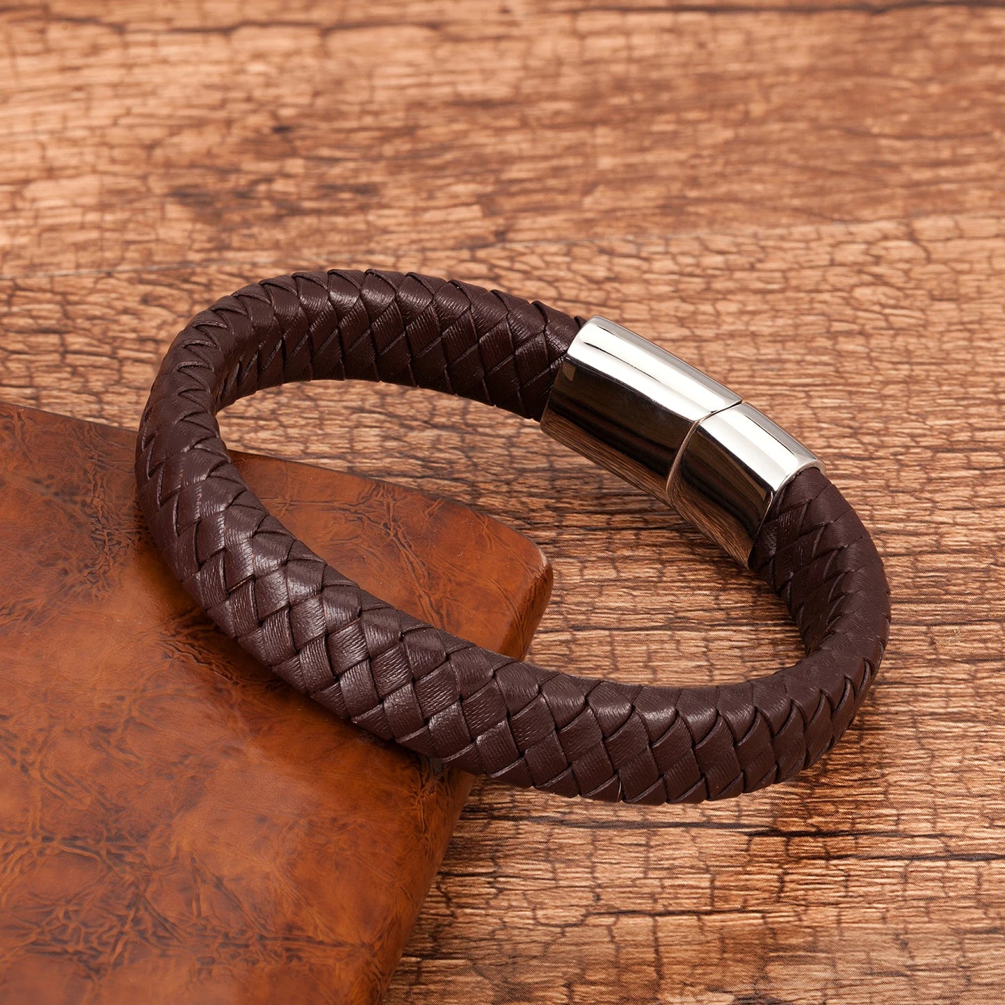 Charm Men's Jewelry: Black Braided Leather Bracelet with Magnetic Stainless Steel Clasp