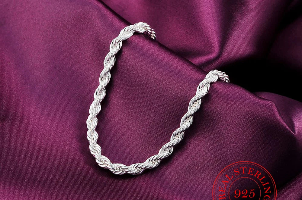 925 Sterling Silver 4mm Twist Rope Chain Bracelet for Men & Women