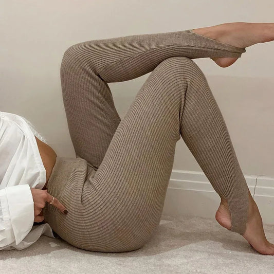 High Waist Fall Beige Ribbed Knit Cotton Leggings