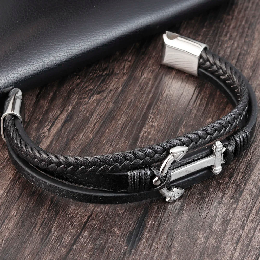 Stainless Steel with Genuine Leather Men Anchor Bracelets