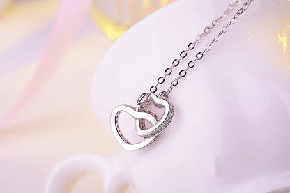 925 Sterling Silver Rose Gold Double Heart Crystal Pendant Necklace for Women - Korean Jewelry with Chain, Perfect Gift