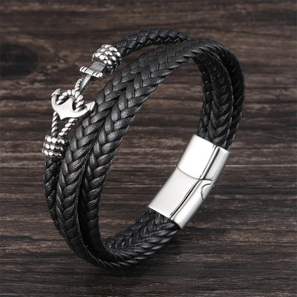 Stainless Steel with Genuine Leather Men Anchor Bracelets