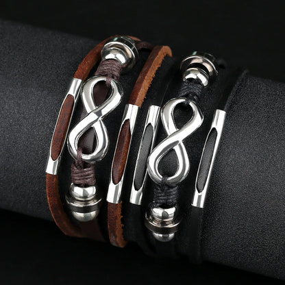 Trend Jewelry Alloy Bead Infinity Symbol Leather Bracelet – Stylish Multilayer Woven Punk Bracelet for Men