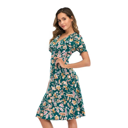 Casual Elastic Waist Boho Floral Print Vintage Beach Summer Midi Dress for Women