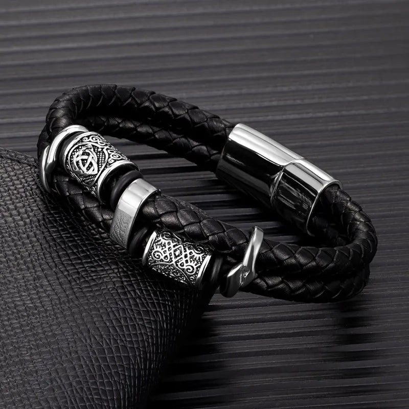 MKENDN Punk Viking Style Stainless Steel Compass Norse Runes Amulet Beads Braided Leather Bracelet for Men