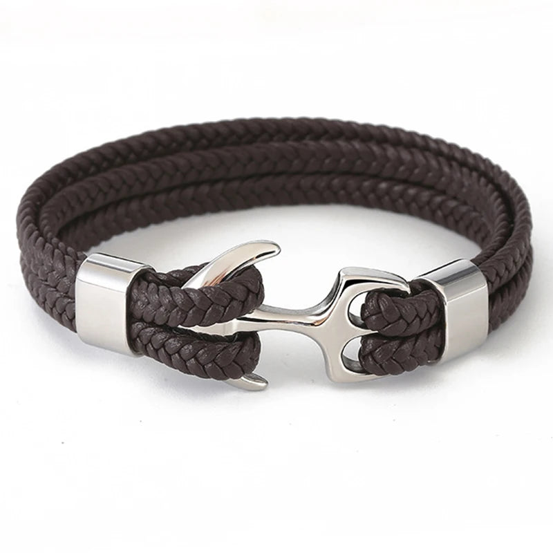 Stainless Steel with Genuine Leather Men Anchor Bracelets