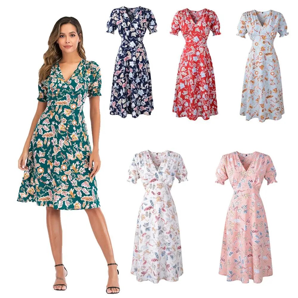 Casual Elastic Waist Boho Floral Print Vintage Beach Summer Midi Dress for Women