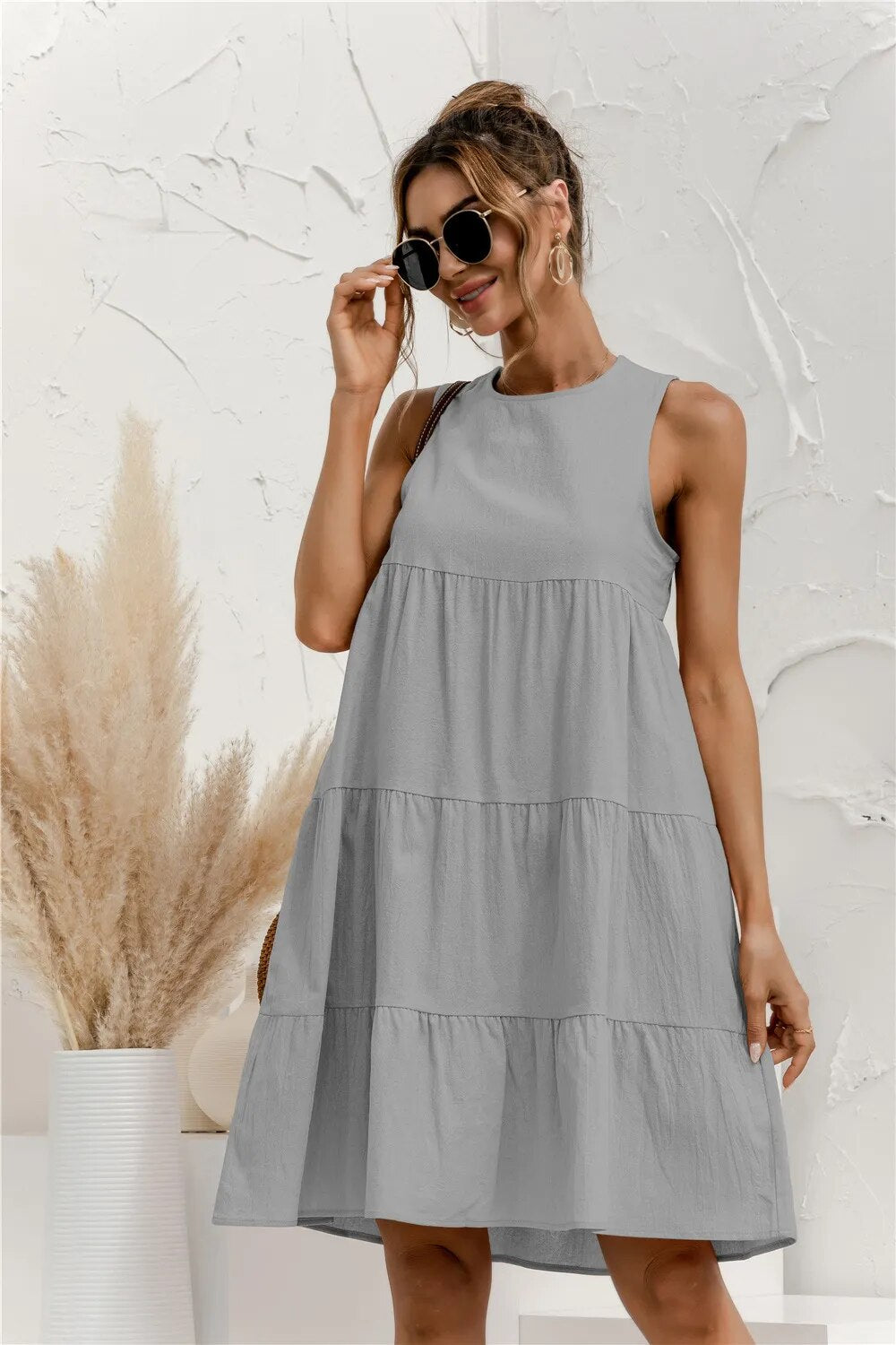 Cotton O-Neck Sleeveless Solid Midi Dress for Women