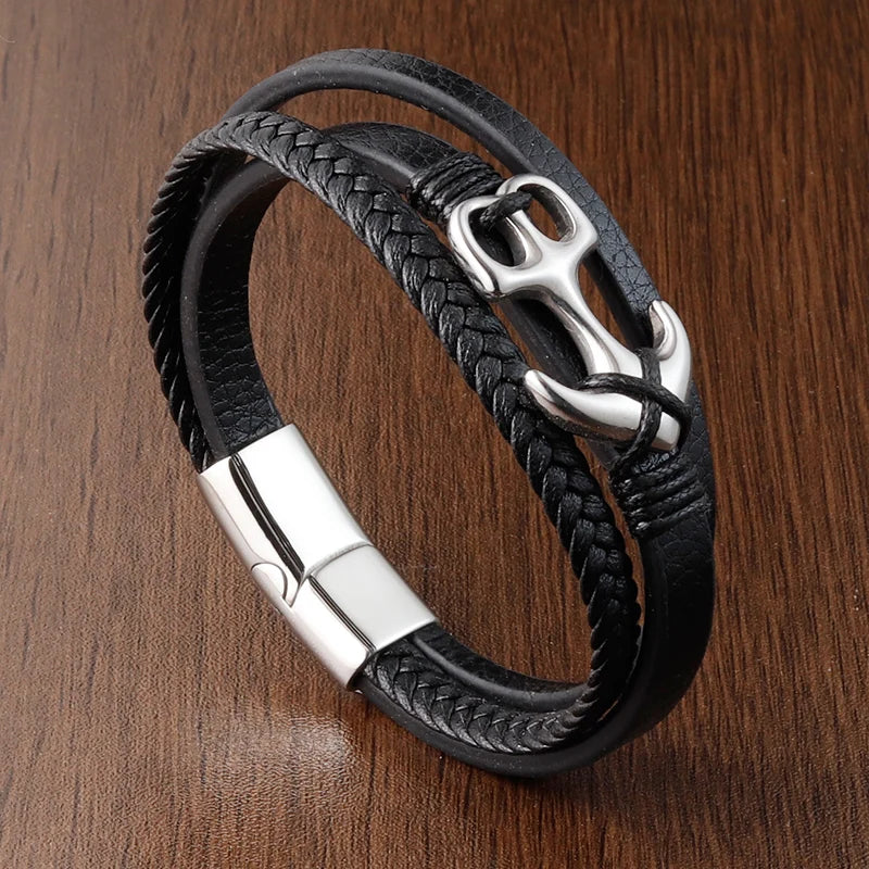 Stainless Steel with Genuine Leather Men Anchor Bracelets