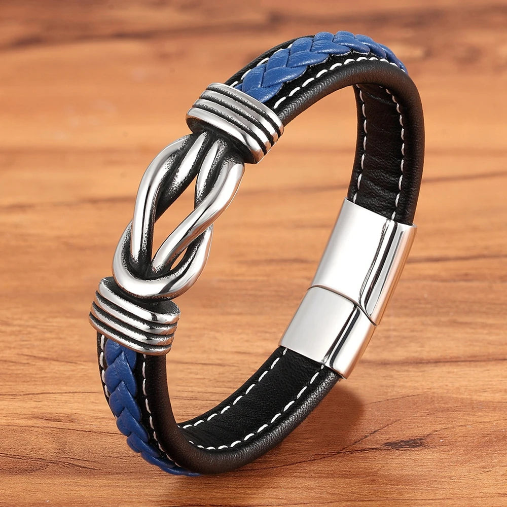 TYO Geometric Stainless Steel Men's Leather Bracelet - Hand-woven Magnetic Clasp in Black & Blue