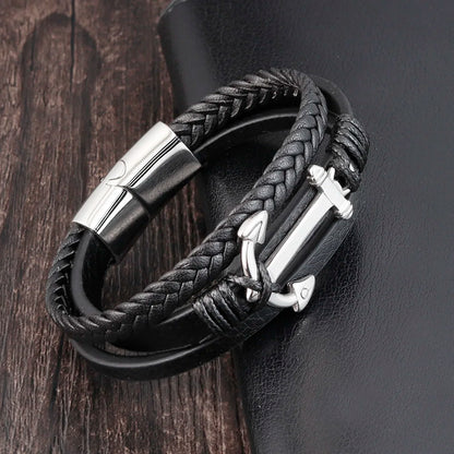 Stainless Steel with Genuine Leather Men Anchor Bracelets