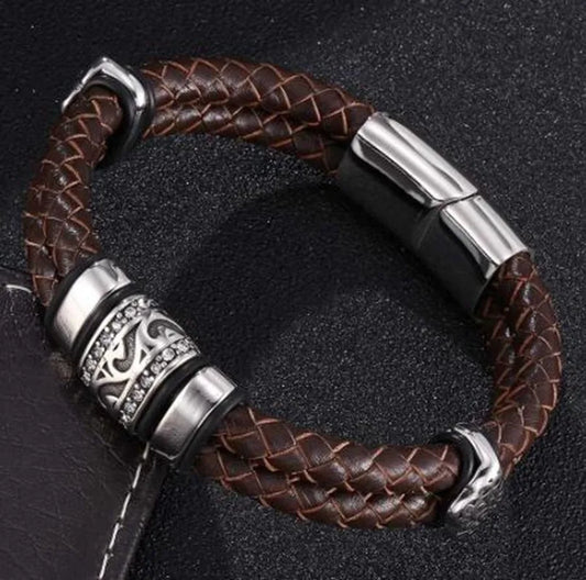 Double Layer Punk Brown Braided Leather Bracelet for Men Metal Magnetic Clasp Business Bracelet Man Jewelry Gift