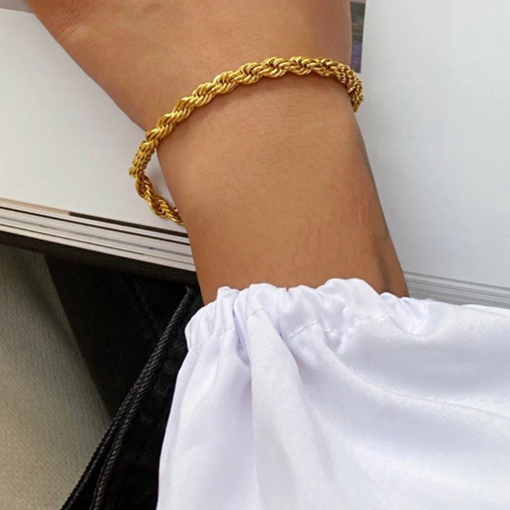 Twisted Rope Chain Bracelet - Gold Stainless Steel Jewelry for Women