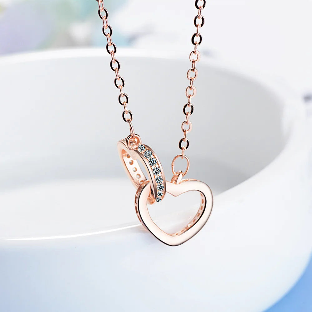 925 Sterling Silver Rose Gold Double Heart Crystal Pendant Necklace for Women - Korean Jewelry with Chain, Perfect Gift