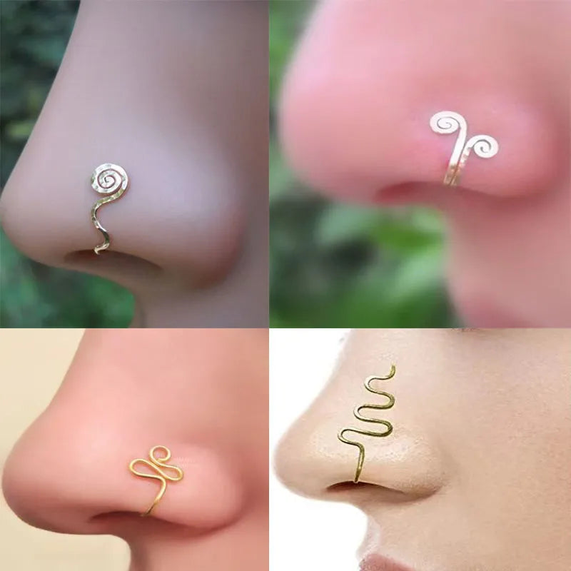 Original Copper Wire Spiral Fake Piercing Nose Ring Pink Gold Silver Color Clip Nose Ring Also Can Be Ear Clip Cuff Bijoux