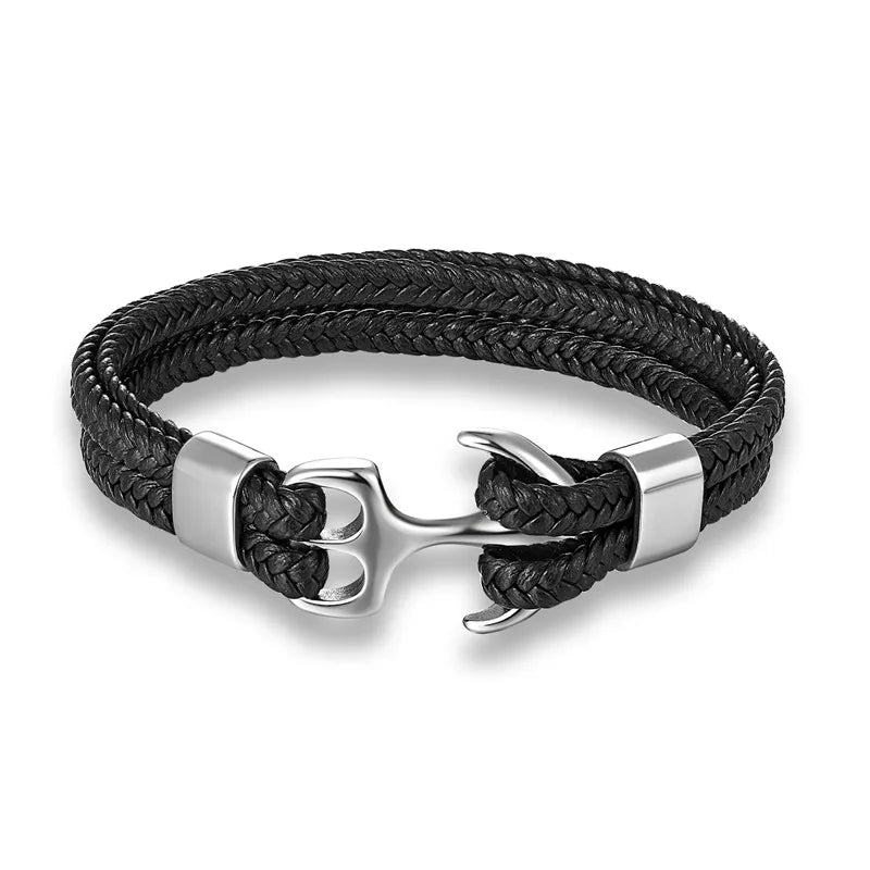 Men’s Anchor Bracelet with Black Leather & Stainless Steel