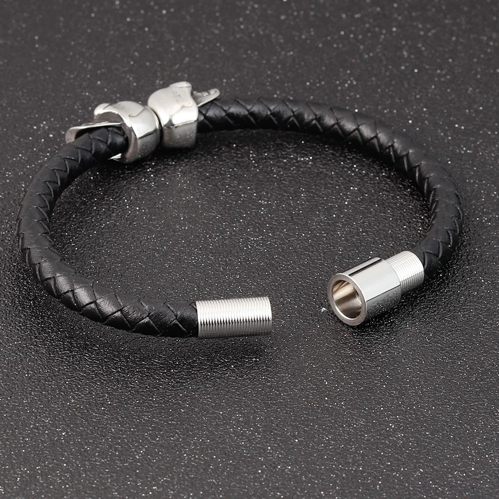 Hyperbole Men’s Black Braided Leather Bracelet with Stainless Steel and Skull Design