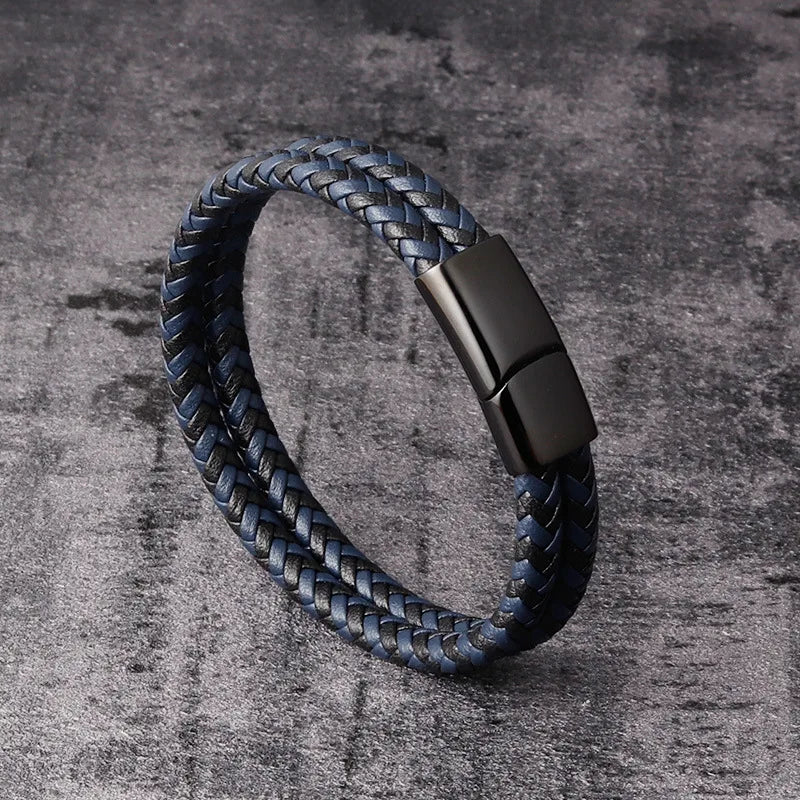 MKENDN Black Coffee Double Leather Bracelet for Men, Punk Stainless Steel Magnetic Clasp Braided Bangle