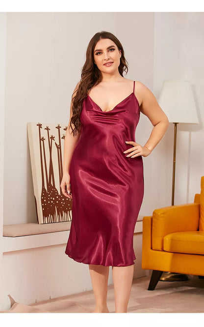 Large size Women's Sleepwear Dress Homewear Solid Thin Satin Nightdress Summer Sleepwear