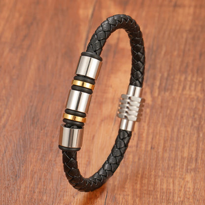 Simple Charm Braided Leather Stainless Steel Black Beaded Bracelet for Men