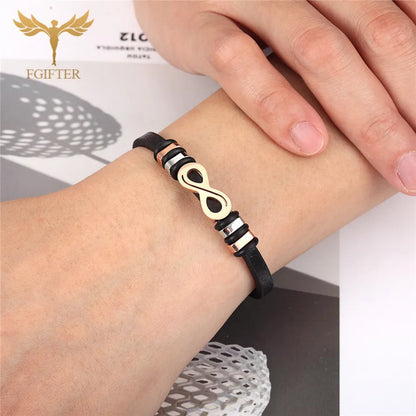 Fashion Women Charm Bracelets Infinity Style Stainless Steel & Leather Cuff Bangles