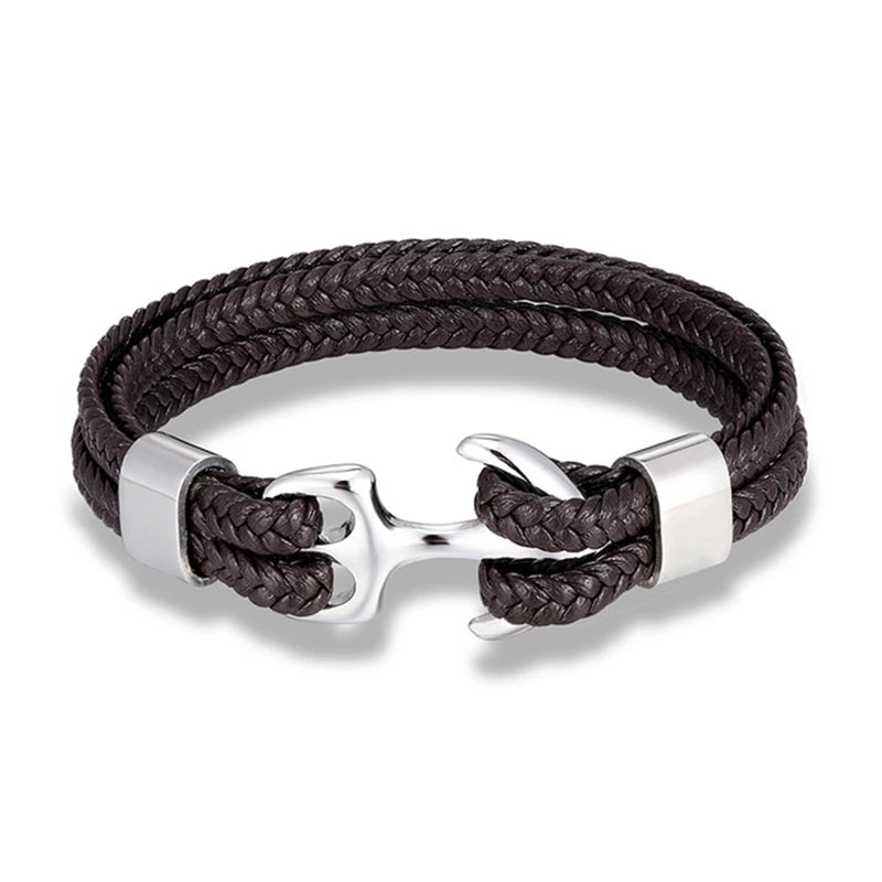 Men’s Anchor Bracelet with Black Leather & Stainless Steel