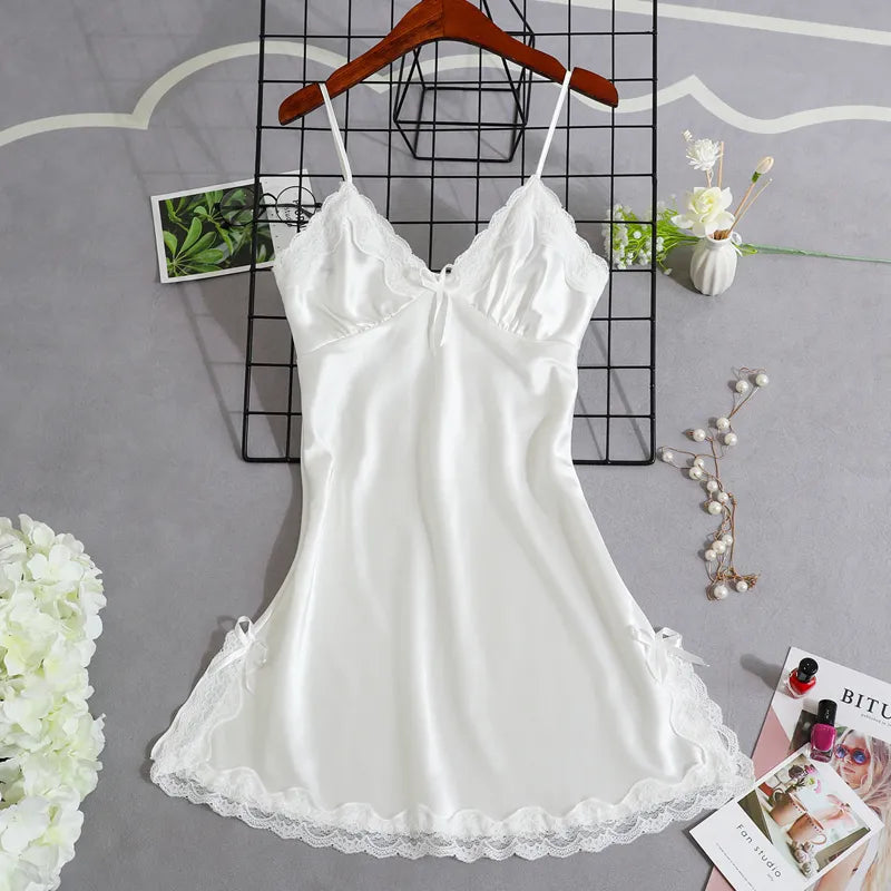 Satin Nightgown Sexy Sleepwear Lace Summer Nightdress for Women