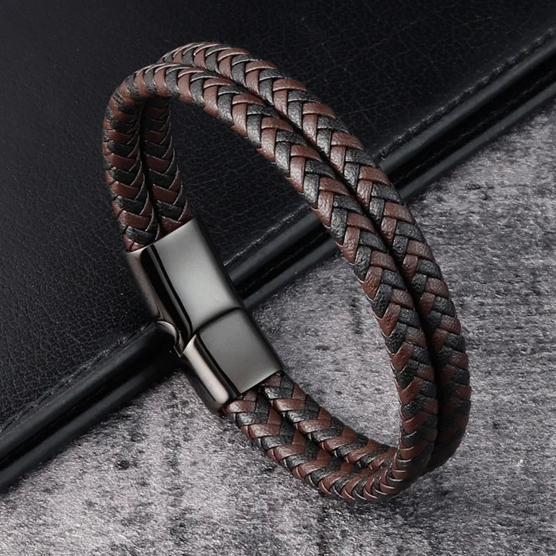 MKENDN Black Coffee Double Leather Bracelet for Men, Punk Stainless Steel Magnetic Clasp Braided Bangle