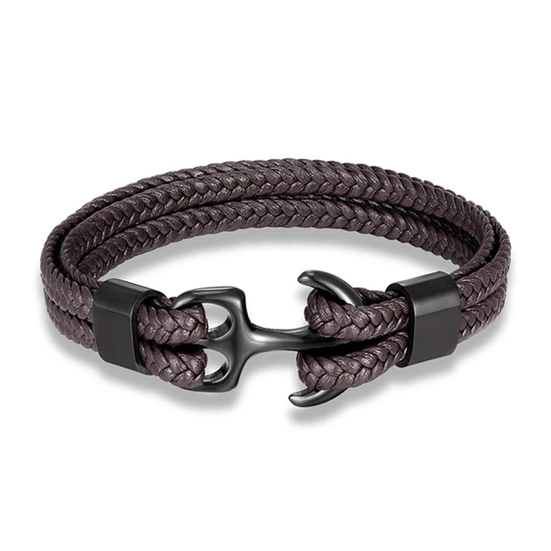 Men’s Anchor Bracelet with Black Leather & Stainless Steel