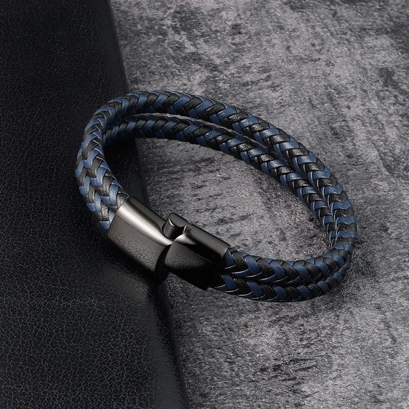 MKENDN Black Coffee Double Leather Bracelet for Men, Punk Stainless Steel Magnetic Clasp Braided Bangle