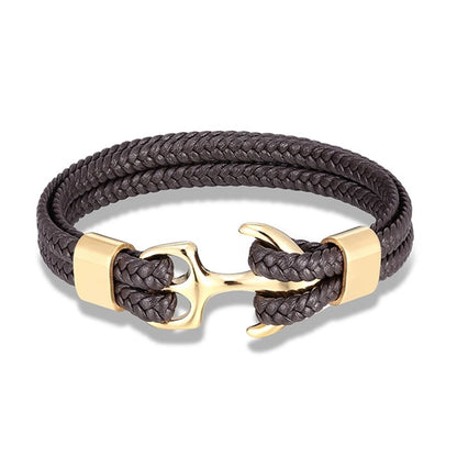 Men’s Anchor Bracelet with Black Leather & Stainless Steel