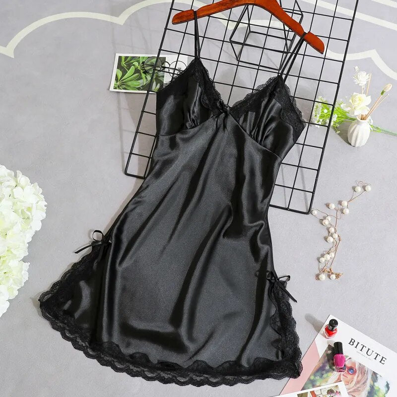 Satin Nightgown Sexy Sleepwear Lace Summer Nightdress for Women