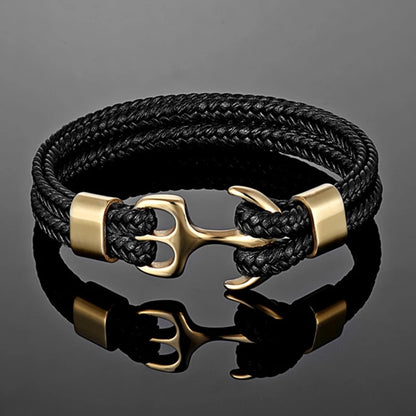 Men’s Anchor Bracelet with Black Leather & Stainless Steel