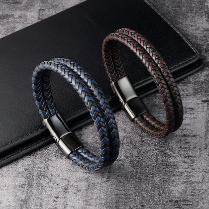 MKENDN Black Coffee Double Leather Bracelet for Men, Punk Stainless Steel Magnetic Clasp Braided Bangle