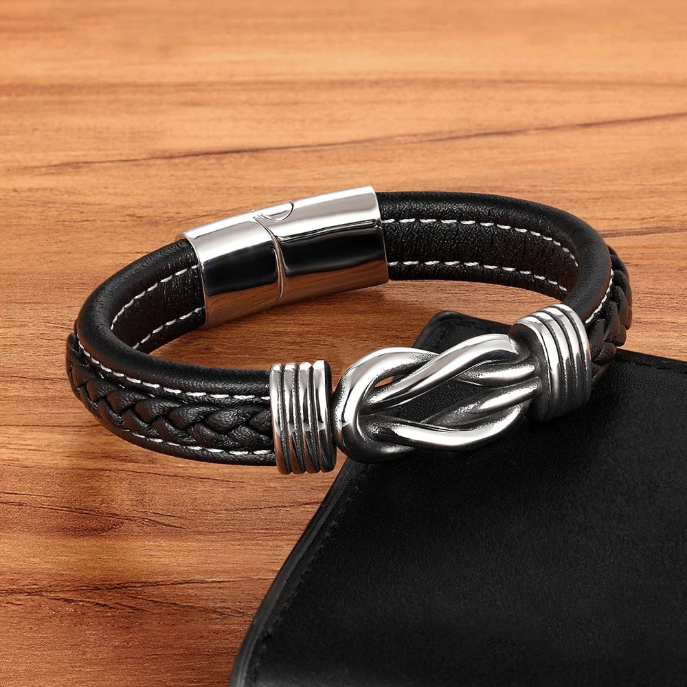 TYO Geometric Stainless Steel Men's Leather Bracelet - Hand-woven Magnetic Clasp in Black & Blue