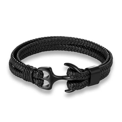 Men’s Anchor Bracelet with Black Leather & Stainless Steel