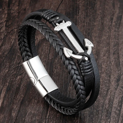 Stainless Steel with Genuine Leather Men Anchor Bracelets