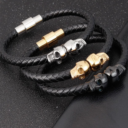 Hyperbole Men’s Black Braided Leather Bracelet with Stainless Steel and Skull Design