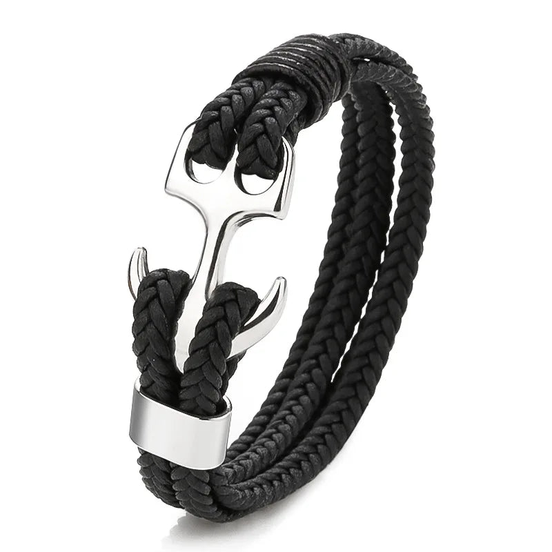 Stainless Steel Charm Anchor Men Leather Bracelet Braided Punk Jewelry