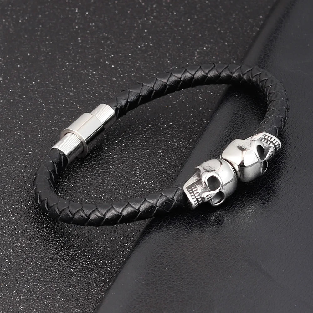 Hyperbole Men’s Black Braided Leather Bracelet with Stainless Steel and Skull Design