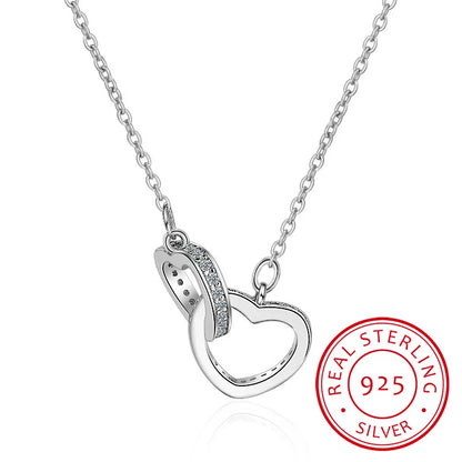 925 Sterling Silver Rose Gold Double Heart Crystal Pendant Necklace for Women - Korean Jewelry with Chain, Perfect Gift