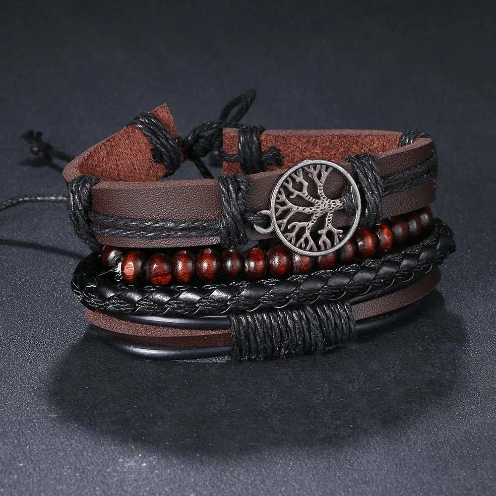 IFMIA 3/4Pcs Set Braided Wrap Leather Bracelets for Men – Vintage Life Tree & Rudder Charm