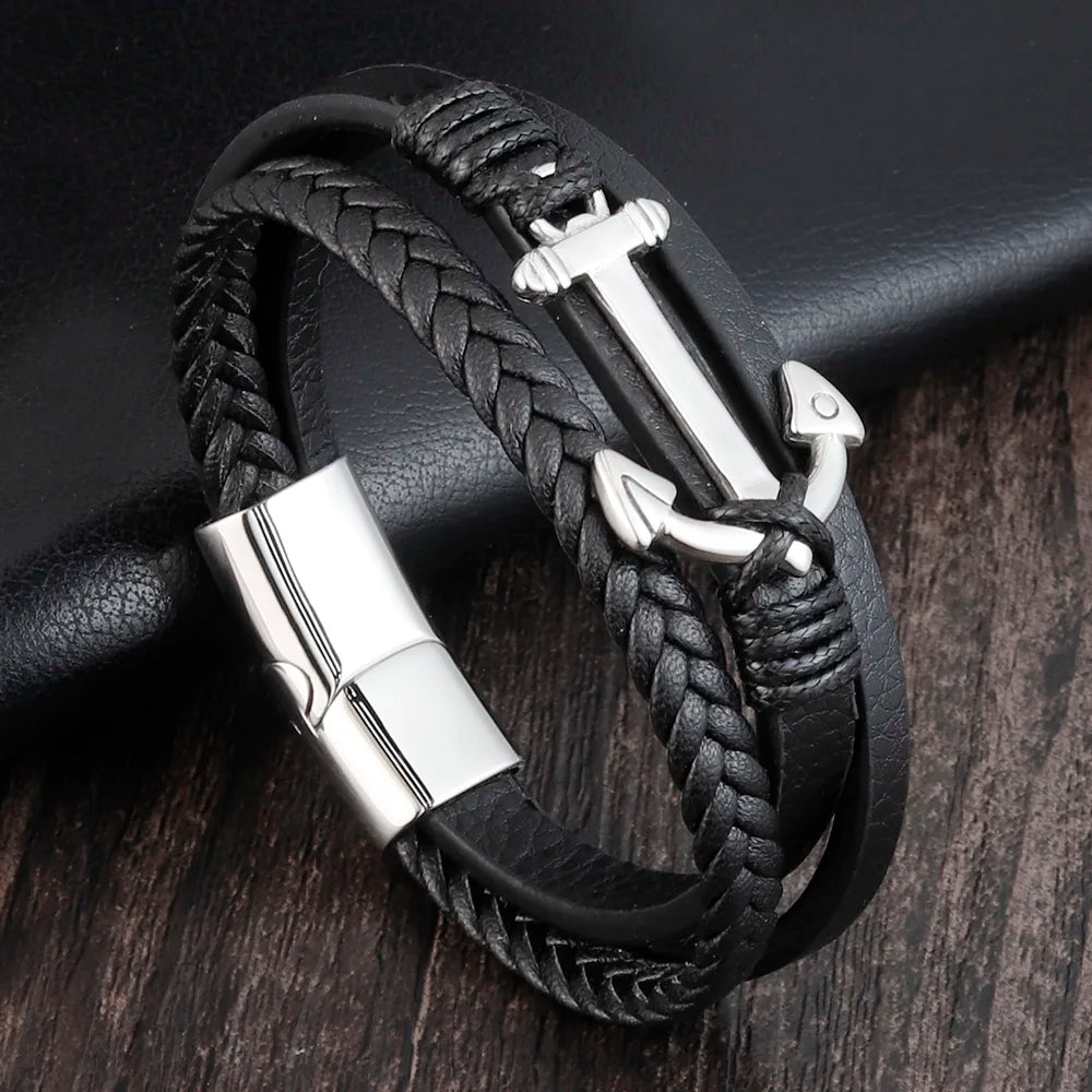 Stainless Steel with Genuine Leather Men Anchor Bracelets