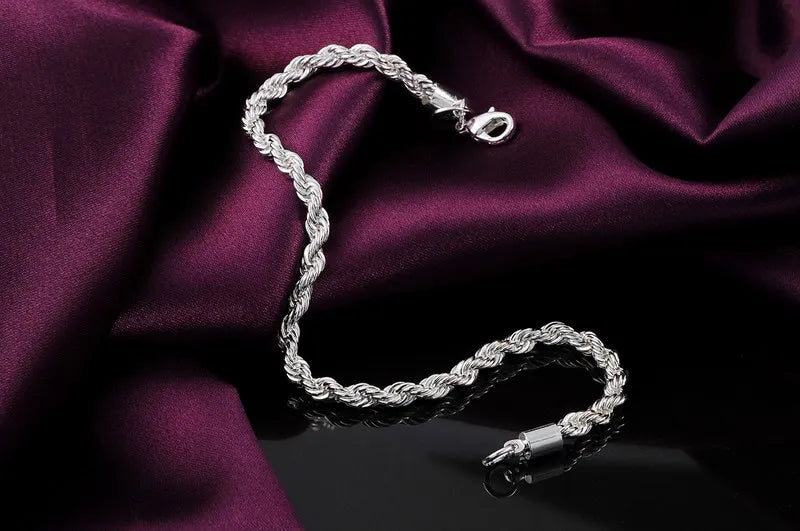 Hot Charms 4MM Twisted Rope Chain 925 Sterling Silver Bracelet